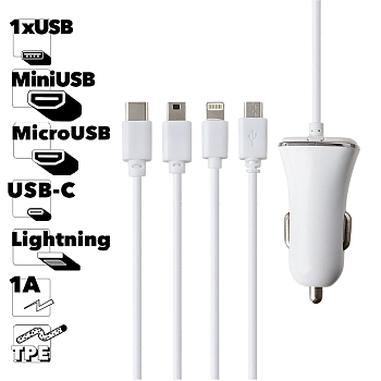 Автомобильное зарядное устройство "LP" 5 в1 для Apple 8-pin, для Apple 30-pin, USB Type-C, Mini USB, MicroUSB (европакет)